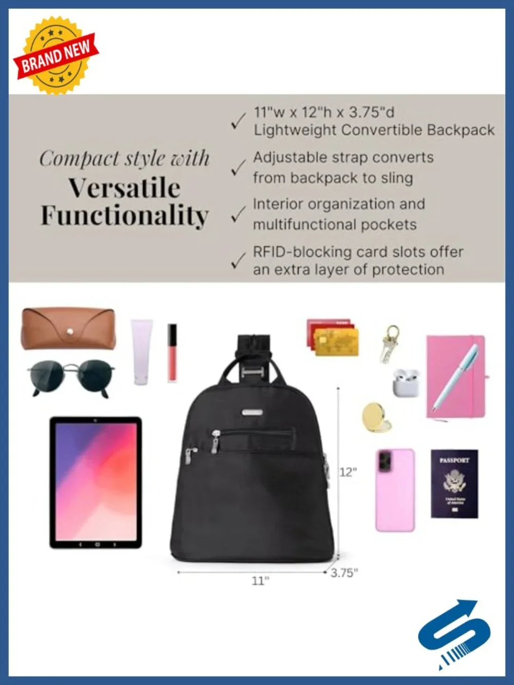 Baggallini Essential Mini Backpack Purse for Women - RFID Blocking Convertible